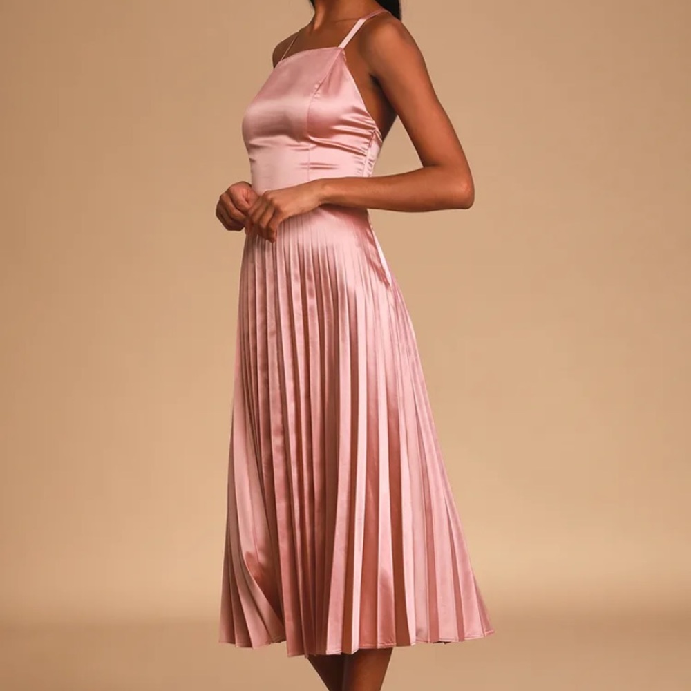 Pink Satin Pleated Midi Dress